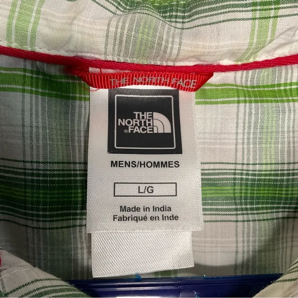 North Face Shirt Mens Large Green White Plaid Button Up‎ Pocket Short Sleeve